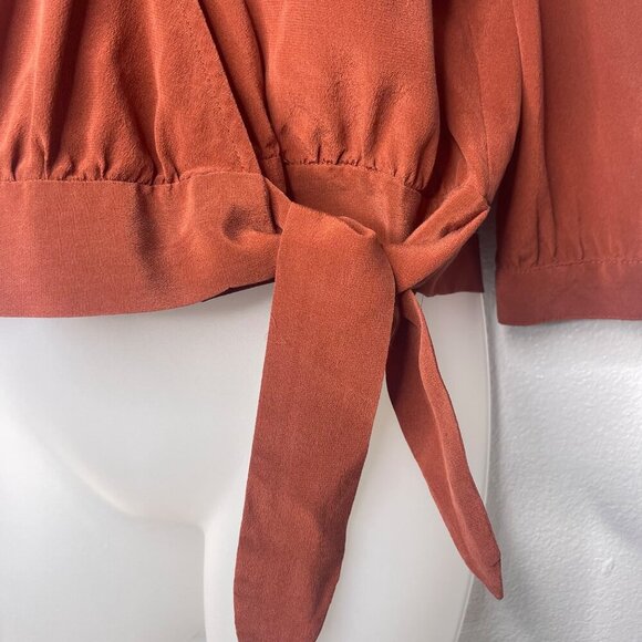 Madewell Rust 3/4 Sleeve 100% Silk Wrap Blouse V-Neck Tie Waist Detail SZ M - Picture 4 of 12